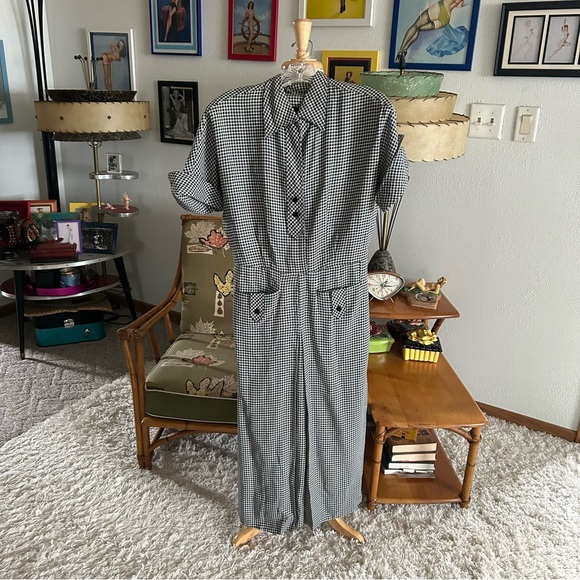 Vintage 1940s Dress Black Check S M Gabardine Pinup Rockabilly 40s 50s TLC - Picture 2 of 9